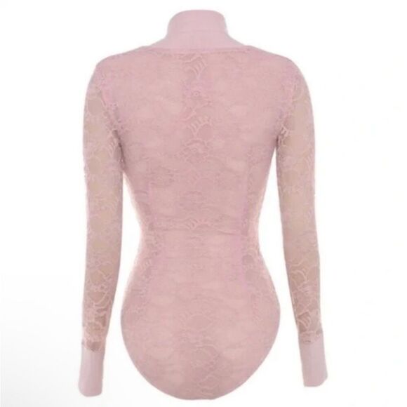 HOUSE OF CB Light Pink Lace Paraisa Plunging Neck Long Sleeve Bodysuit Sz XS - Picture 3 of 13
